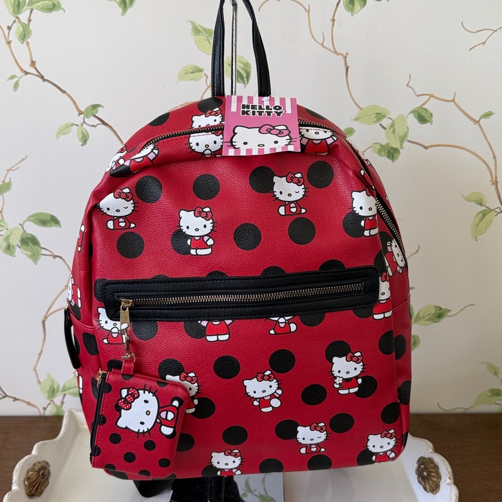 Hello Kitty Red and Black Polka Dot Faux Leather Backpack & Coin Purse - NEW